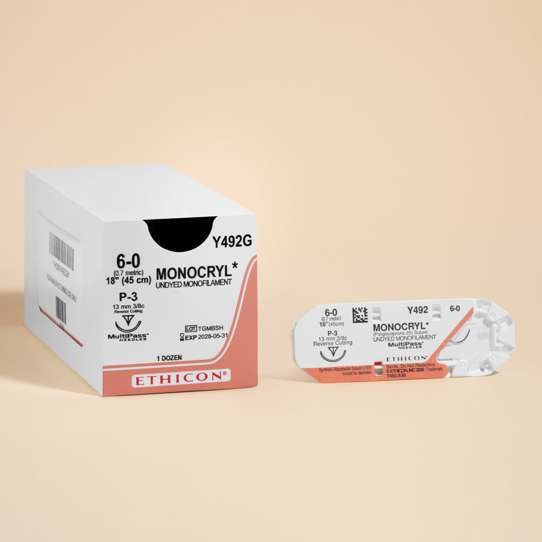 Box of Ethicon 6-0 MONOCRYL® Undyed Sutures, reference Y492G, showcasing a fine gauge suture paired with a 13mm P-3 reverse cutting needle. The packaging emphasizes the suture's absorbable nature and suitability for precise surgical applications, ensuring a natural finish and rapid healing.