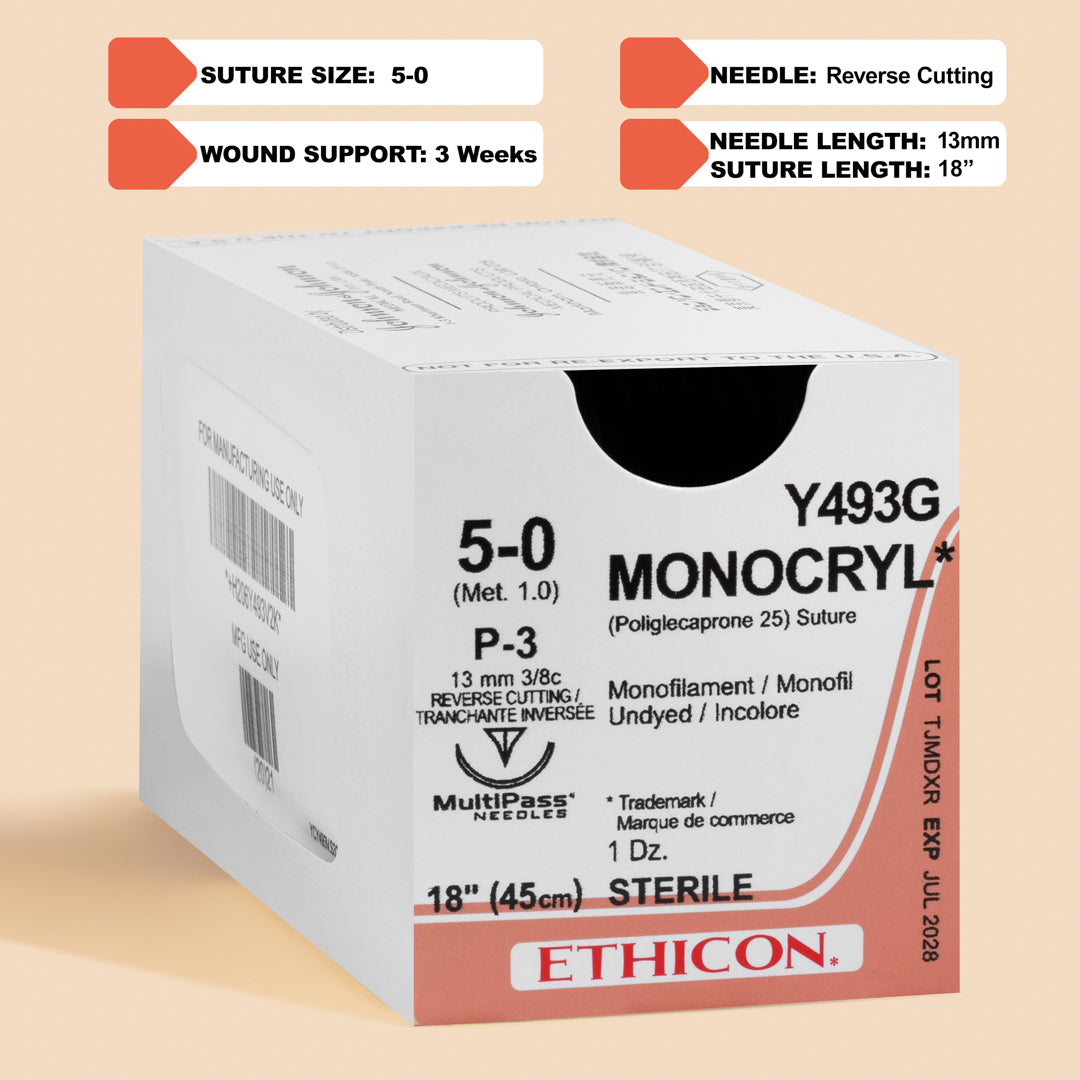 Box of Ethicon 5-0 MONOCRYL® Undyed Sutures, product number Y493G, featuring a natural-looking fine suture paired with a 13mm P-3 reverse cutting needle. The packaging highlights the suture's absorbable qualities and its design for precision in surgical applications, promoting natural healing and aesthetic results.