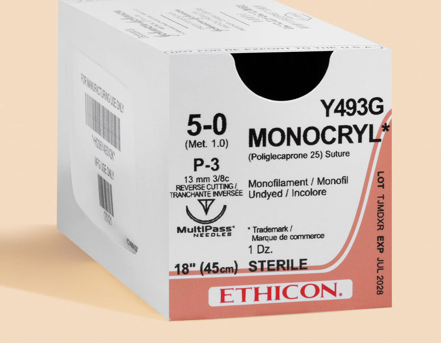 5-0 Monocryl Plus Undyed Suture, 18" P-3 Needle — Box of 12 | MCP493G