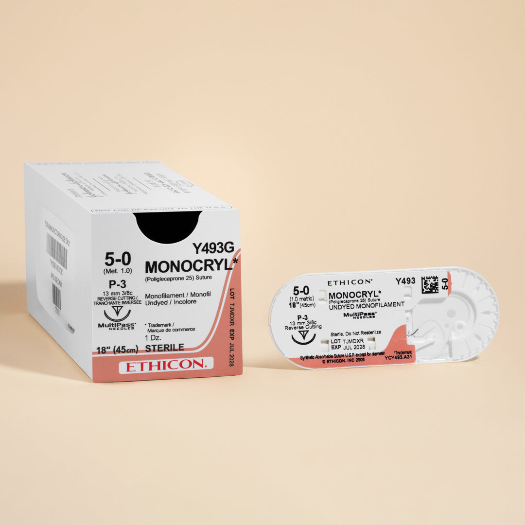 Box of Ethicon 5-0 MONOCRYL® Undyed Sutures, product number Y493G, featuring a natural-looking fine suture paired with a 13mm P-3 reverse cutting needle. The packaging highlights the suture's absorbable qualities and its design for precision in surgical applications, promoting natural healing and aesthetic results.