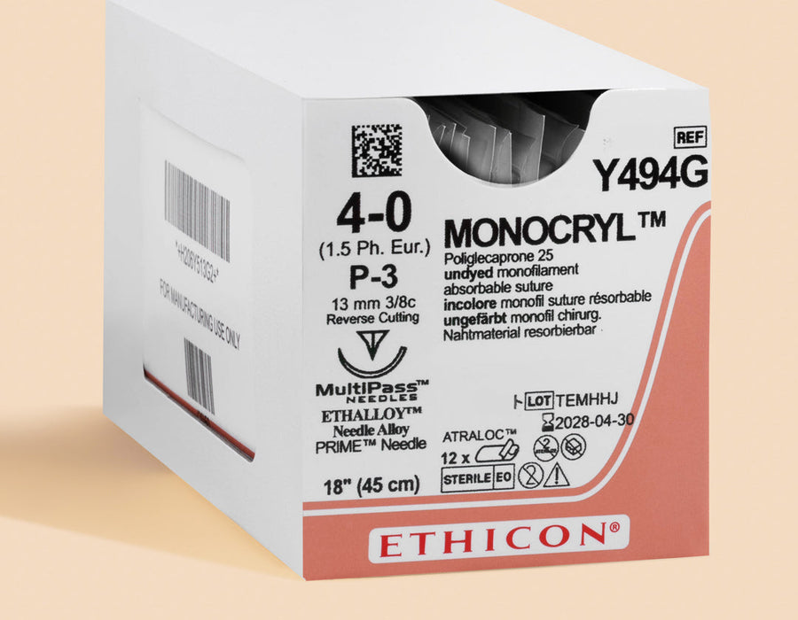 4-0 Monocryl Plus Undyed Suture, 18" P-3 Needle — Box of 12 | MCP494G