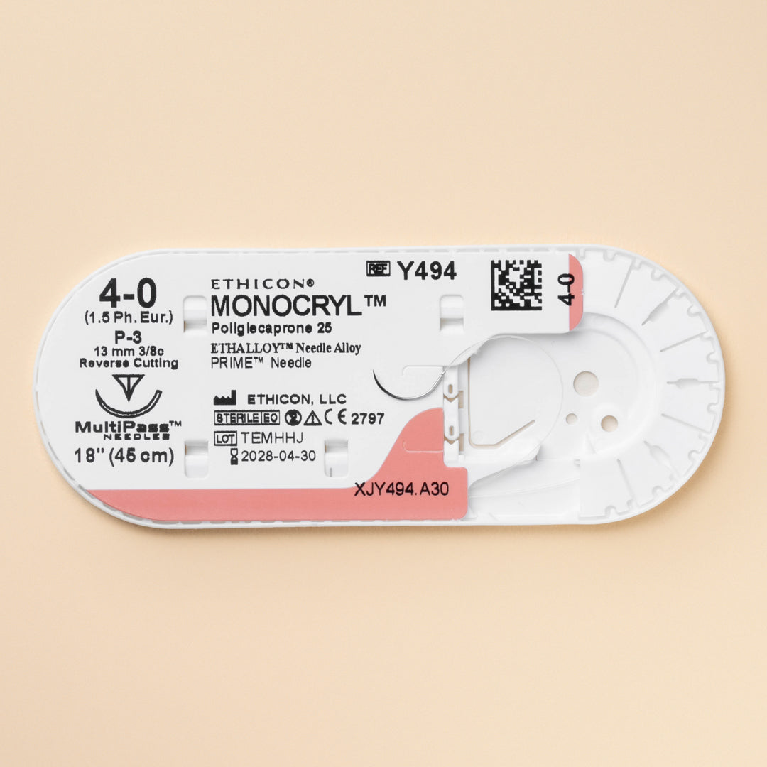 Box of Ethicon 4-0 MONOCRYL® Undyed Sutures, reference Y494G, showcasing the fine gauge sutures equipped with a 13mm P-3 reverse cutting needle. The packaging emphasizes the suture's absorbable nature and its suitability for delicate surgical procedures, ensuring a natural finish and effective wound closure.