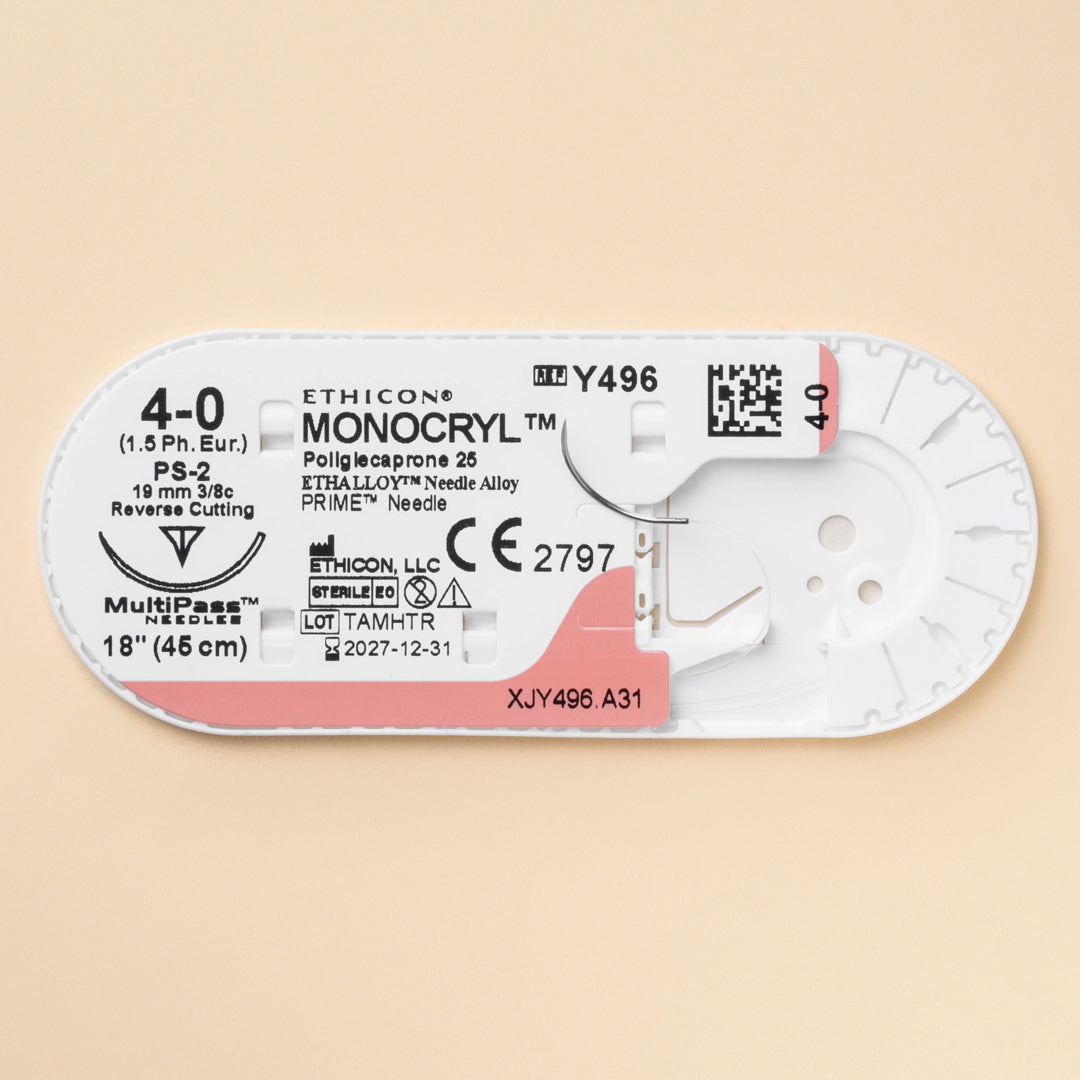 Box of Ethicon 4-0 MONOCRYL® Undyed Sutures, item Y496G, featuring an 18-inch length and a 19mm PS-2 reverse cutting needle. The packaging highlights the suture's absorbable nature and advanced technology, designed for optimal surgical results and patient satisfaction.