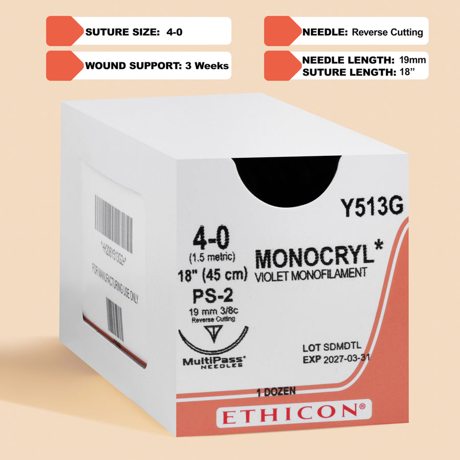 Suture Monocryl Plus violette 4-0, aiguille PS-2 de 18 po | MCP513G