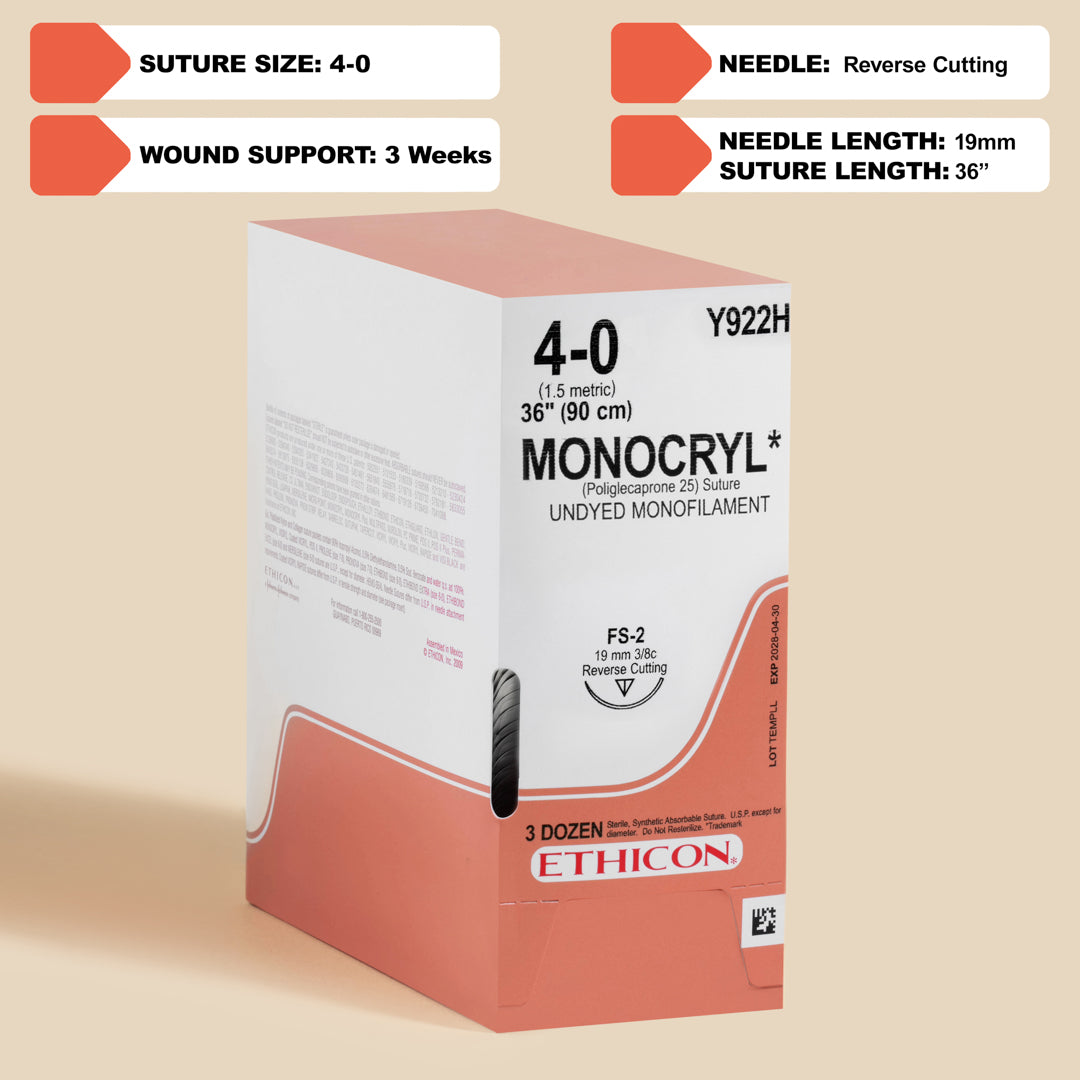 Box of Ethicon 4-0 MONOCRYL® Violet Sutures, item Y922H, showcasing a long 36-inch suture paired with a 19mm FS-2 reverse cutting needle. The suture's vibrant violet color and absorbable nature are emphasized, designed for effective and precise wound closure in an array of surgical procedures.