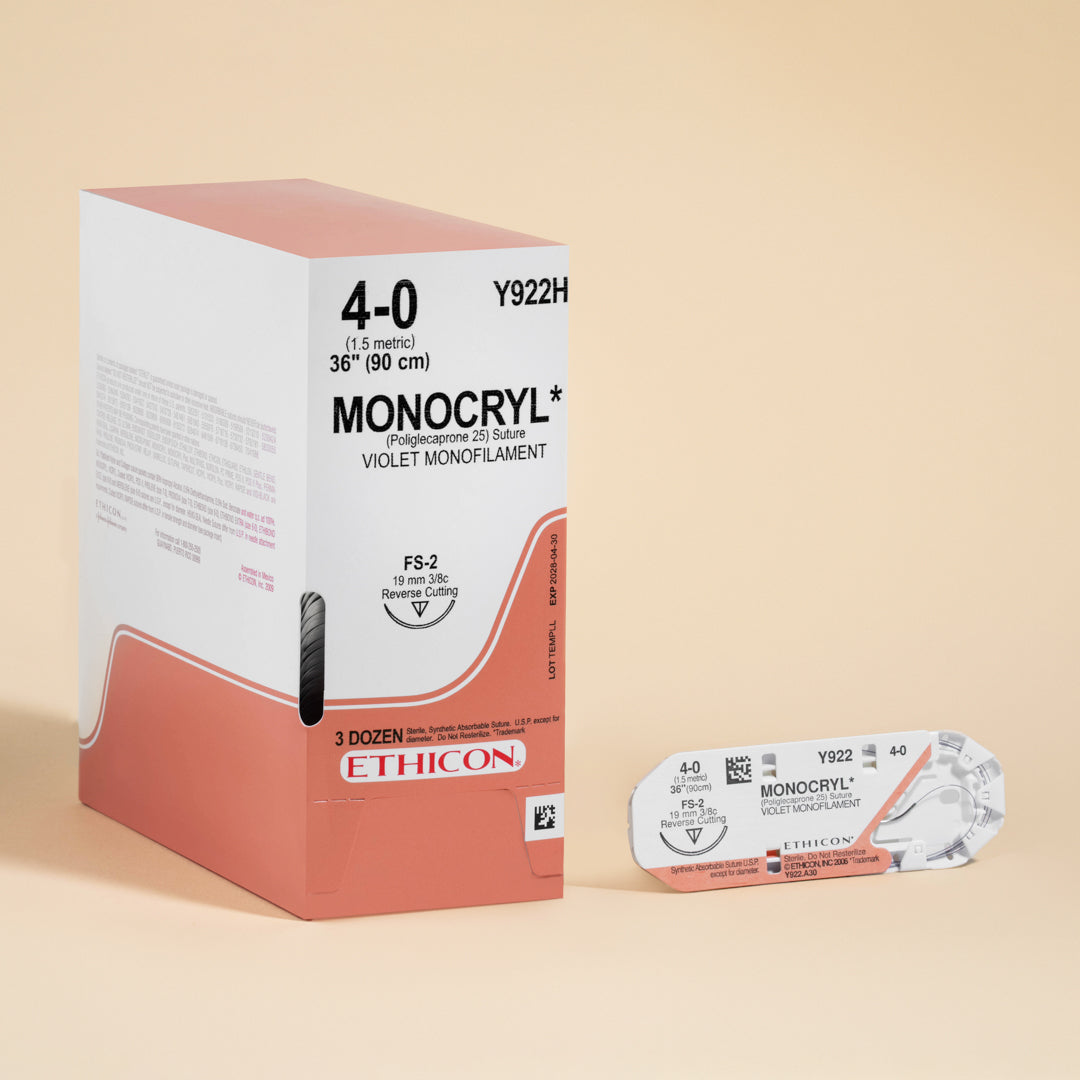 Box of Ethicon 4-0 MONOCRYL® Violet Sutures, item Y922H, showcasing a long 36-inch suture paired with a 19mm FS-2 reverse cutting needle. The suture's vibrant violet color and absorbable nature are emphasized, designed for effective and precise wound closure in an array of surgical procedures.