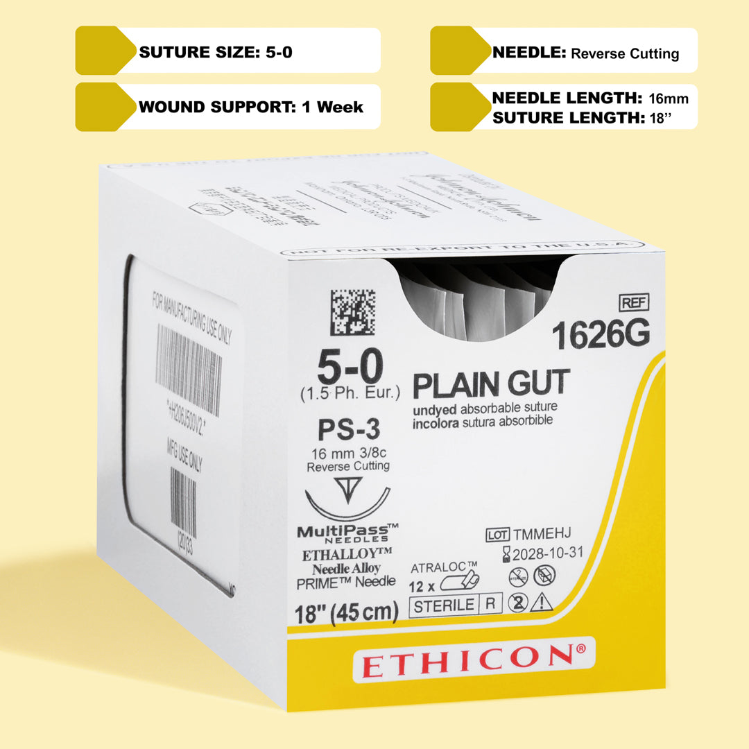 Box of 5-0 Surgical Gut Suture - Plain, model number 1626G, featuring yellowish tan absorbable sutures with a 16mm PS-3 reverse cutting needle. Designed for optimal performance in delicate surgical applications, highlighting the suture's natural composition and specialized needle for minimal tissue impact.