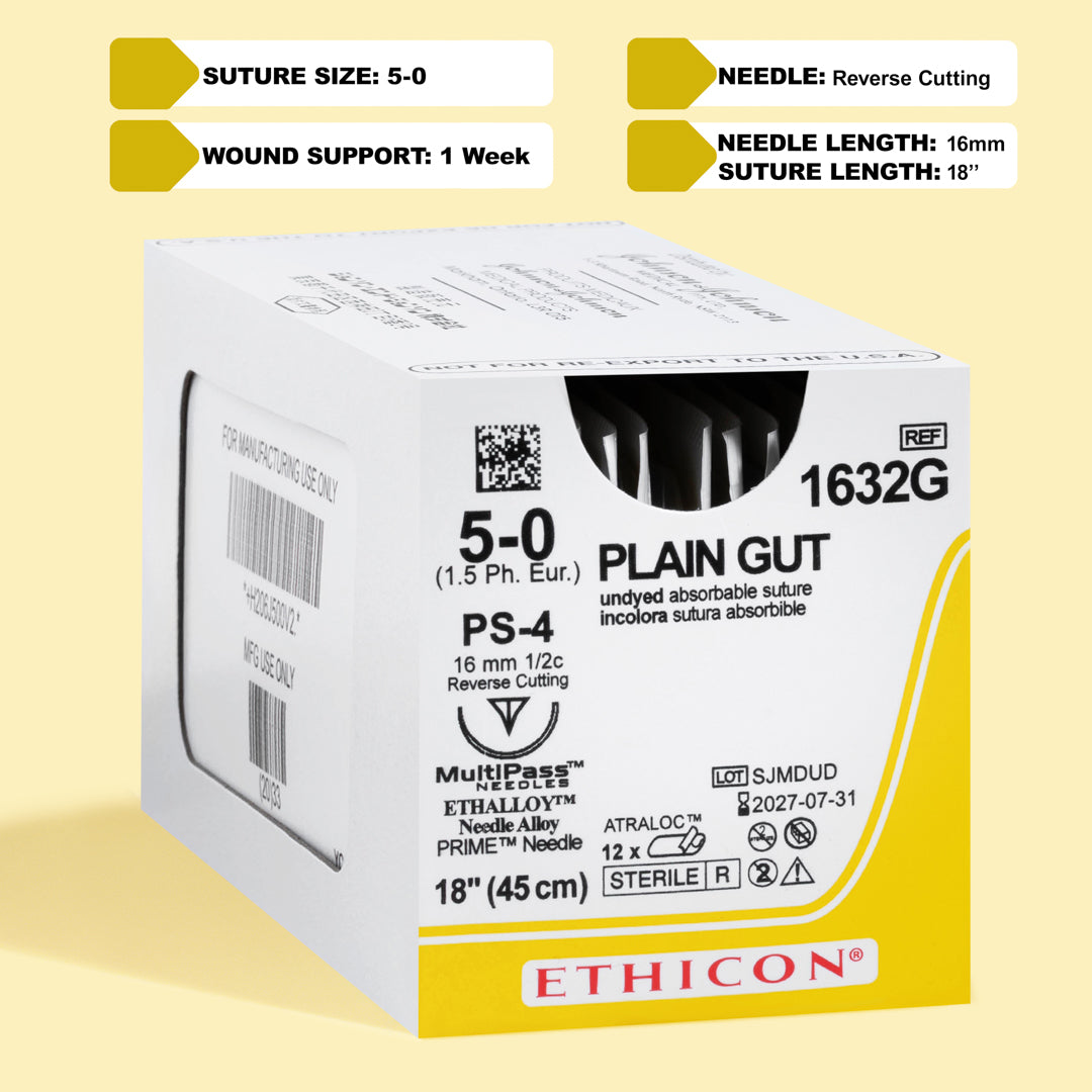 Box of 5-0 Surgical Gut Suture - Plain, model 1632G, featuring yellowish tan sutures paired with a 16mm PS-4 reverse cutting needle. The packaging emphasizes the suture's absorbable qualities and its specialized design for precise wound closure, highlighting its suitability for delicate surgical applications.
