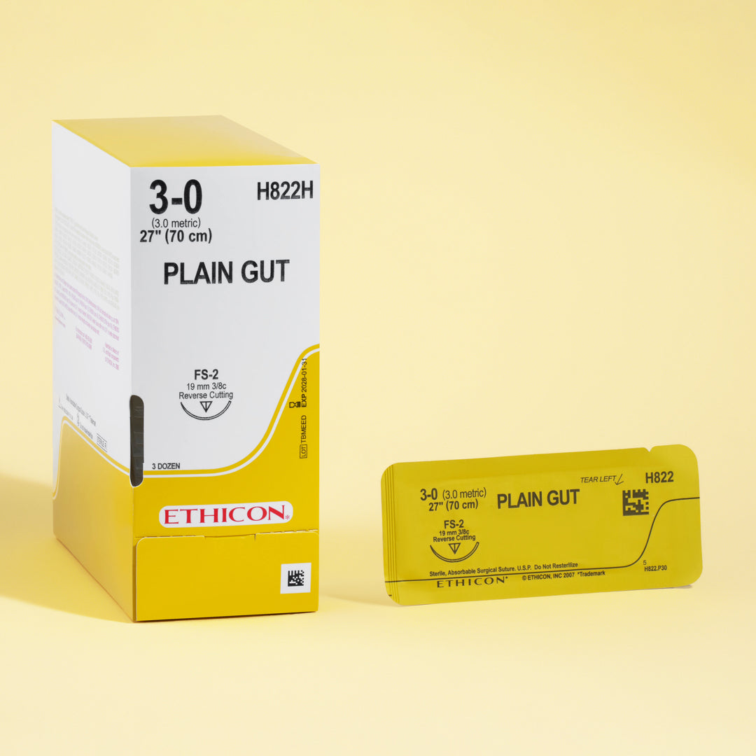 Box of 3-0 Plain Gut sutures, reference H822H, featuring yellowish-tan suture threads and a 19mm FS-2 reverse cutting needle, ensuring reliable absorption and secure tissue approximation for a variety of surgical procedures, available in a bulk package of 36 for clinical efficiency.