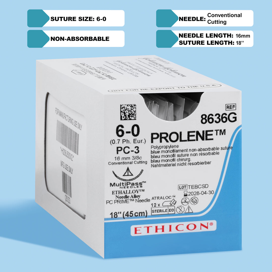 A box of PROLENE® 6-0 Blue Polypropylene Sutures, model 8636G, displaying extremely fine sutures with a 16mm PC-3 conventional cutting needle for high-precision surgical tasks and enduring wound support