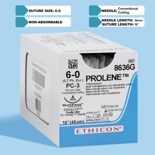 A box of PROLENE® 6-0 Blue Polypropylene Sutures, model 8636G, displaying extremely fine sutures with a 16mm PC-3 conventional cutting needle for high-precision surgical tasks and enduring wound support