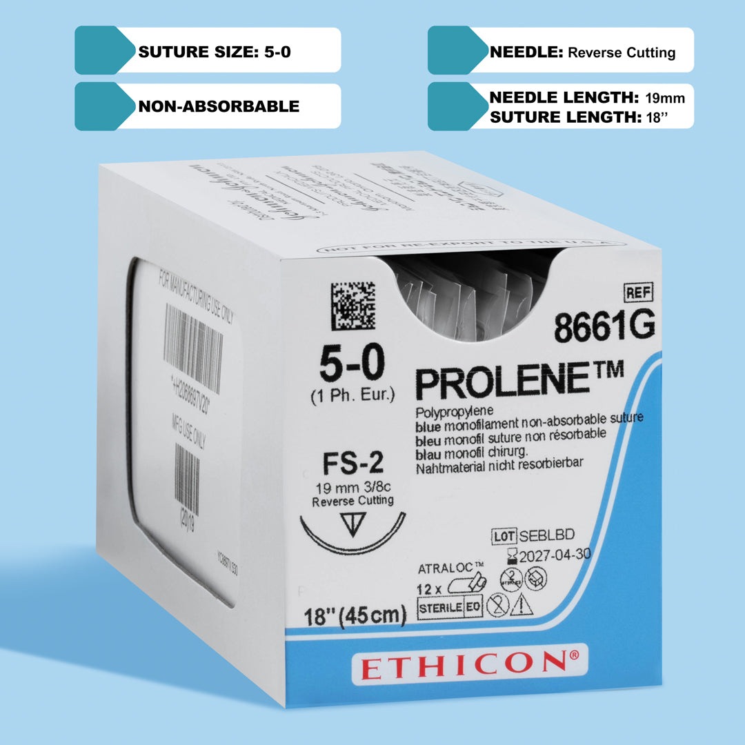 Box of PROLENE® 5-0 Blue Polypropylene Sutures, model 8661G, showcasing strong monofilament sutures with a 19mm FS-2 reverse cutting needle, designed for long-lasting wound support and precise tissue approximation in a range of surgical settings.