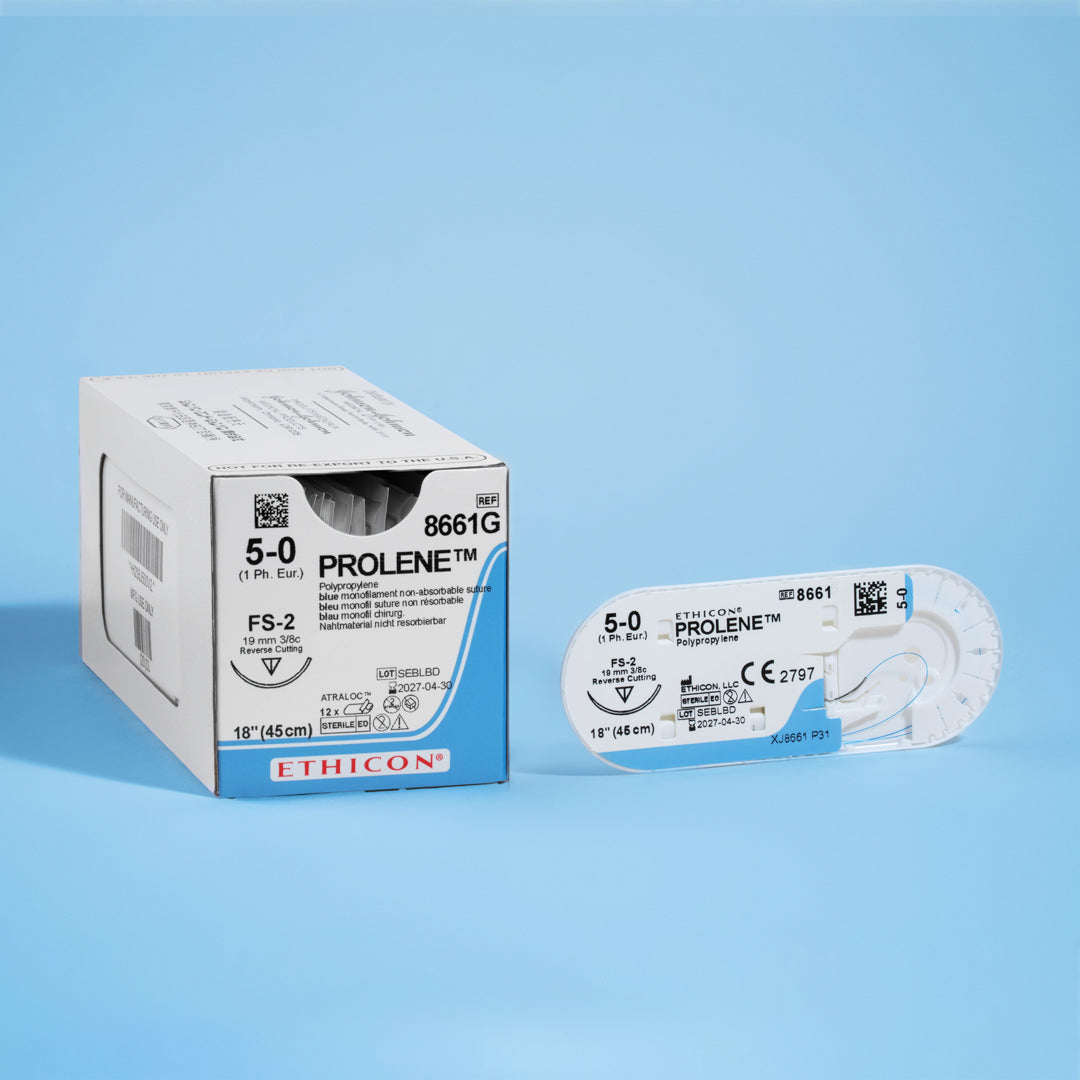 Box of PROLENE® 5-0 Blue Polypropylene Sutures, model 8661G, showcasing strong monofilament sutures with a 19mm FS-2 reverse cutting needle, designed for long-lasting wound support and precise tissue approximation in a range of surgical settings.