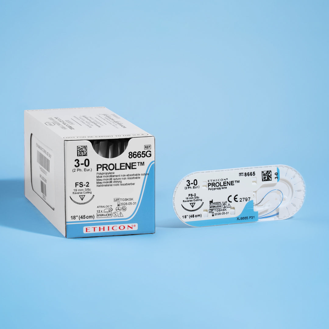 Box of PROLENE® 3-0 Blue Polypropylene Sutures, model 8665G, presenting durable sutures with a 19mm FS-2 reverse cutting needle, tailored for secure wound closure and precise tissue approximation in diverse surgical environments.