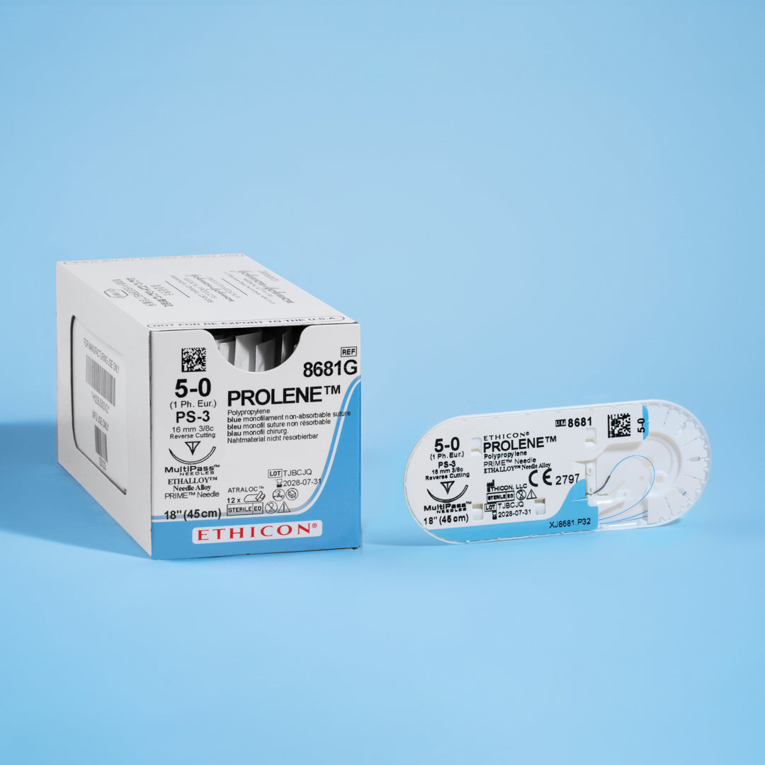 PROLENE® 5-0 Blue Polypropylene Sutures, model 8681G, equipped with a precision 16mm PS-3 reverse cutting needle. Designed for a broad spectrum of surgeries, from intricate medical and ophthalmic procedures to dental, dermatological, and cosmetic applications, ensuring reliable long-term tissue approximation with minimal visibility