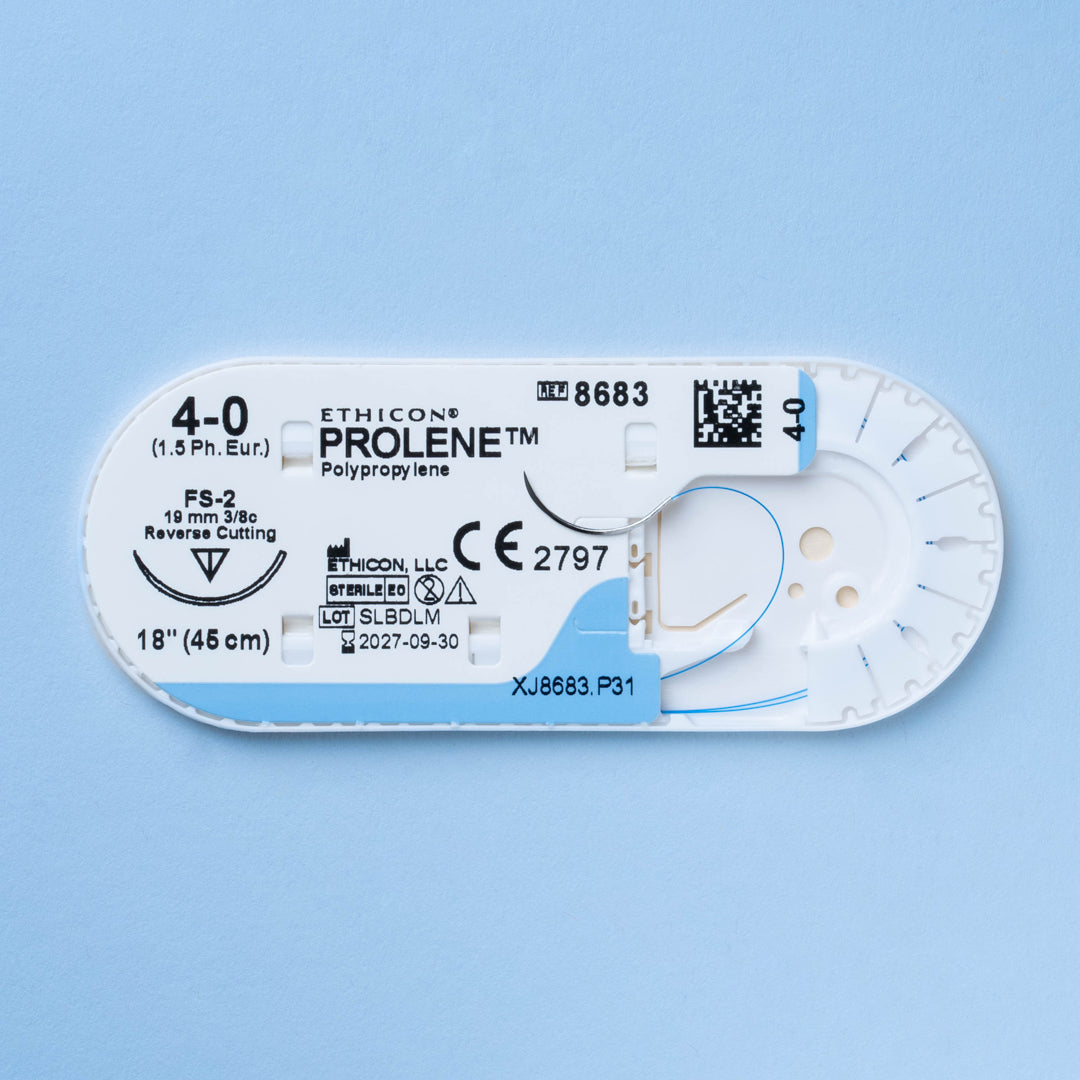 Box of PROLENE® 4-0 Blue Polypropylene Sutures, model 8683G, with durable monofilament threads and a 19mm FS-2 reverse cutting needle, designed for a wide range of surgical applications from medical and dental procedures to dermatological skin closures, ensuring long-term tissue approximation and minimal scarring.