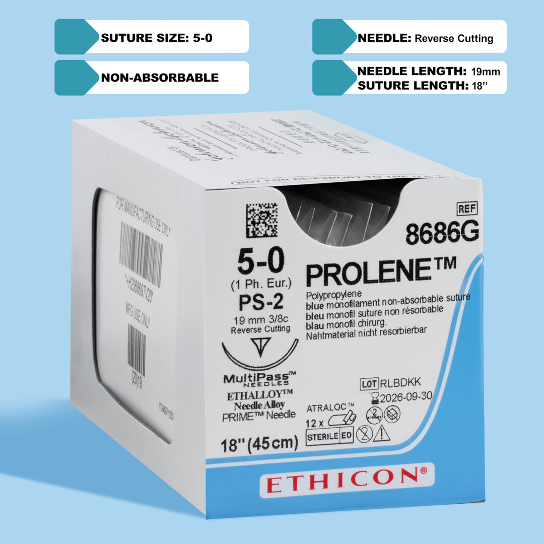 PROLENE® 5-0 Blue Polypropylene Suture pack, model 8686G, showcasing fine sutures with a 19mm PS-2 precision reverse cutting needle, optimal for detailed surgeries in ophthalmology, dental procedures requiring precision, and dermatological surgeries aimed at minimizing scarring.