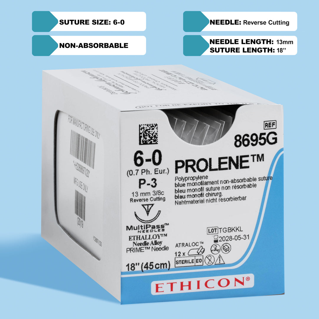 PROLENE® 6-0 Blue Polypropylene Suture pack, model 8695G, with ultra-fine sutures and a 13mm P-3 precision reverse cutting needle, perfect for intricate surgical applications in ophthalmology, dental surgery, and dermatology, ensuring durable support and minimal visibility.