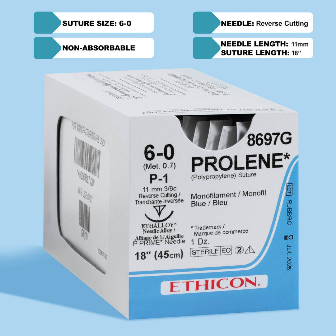 Box of PROLENE® 6-0 Blue Polypropylene Sutures, model 8697G, featuring ultra-fine sutures equipped with an 11mm P-1 ultra-precision reverse cutting needle, designed for the most delicate surgical applications, ensuring optimal outcomes with minimal tissue disturbance.