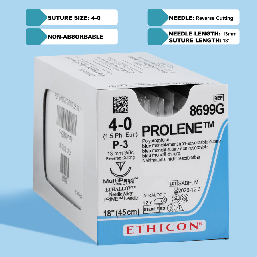Fil de suture Prolène bleu 4-0, aiguille P-3 de 45 cm | 8699G