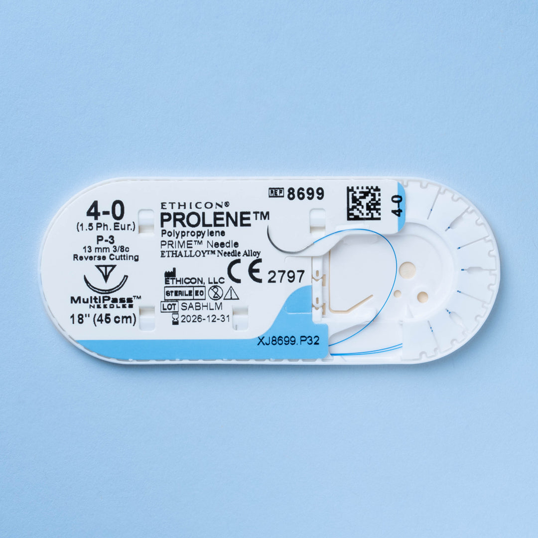 PROLENE® 4-0 Blue Polypropylene Suture pack, model 8699G, equipped with durable sutures and a sharp 13mm P-3 reverse cutting needle, tailored for a broad range of surgical applications including abdominal, hernia, and cosmetic surgeries, focusing on secure, long-term tissue support and fine aesthetic finishes.
