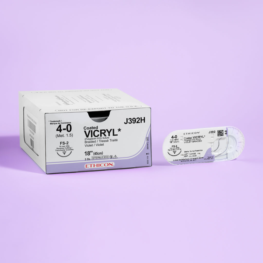 COATED VICRYL® 4-0 Violet Sutures, model J392H, featuring medium-gauge, violet-colored threads linked to a 19mm FS-2 reverse cutting needle. Designed for a wide range of surgical applications needing precise tissue approximation and minimal scarring, this package of 36 sutures meets the high demands of healthcare professionals