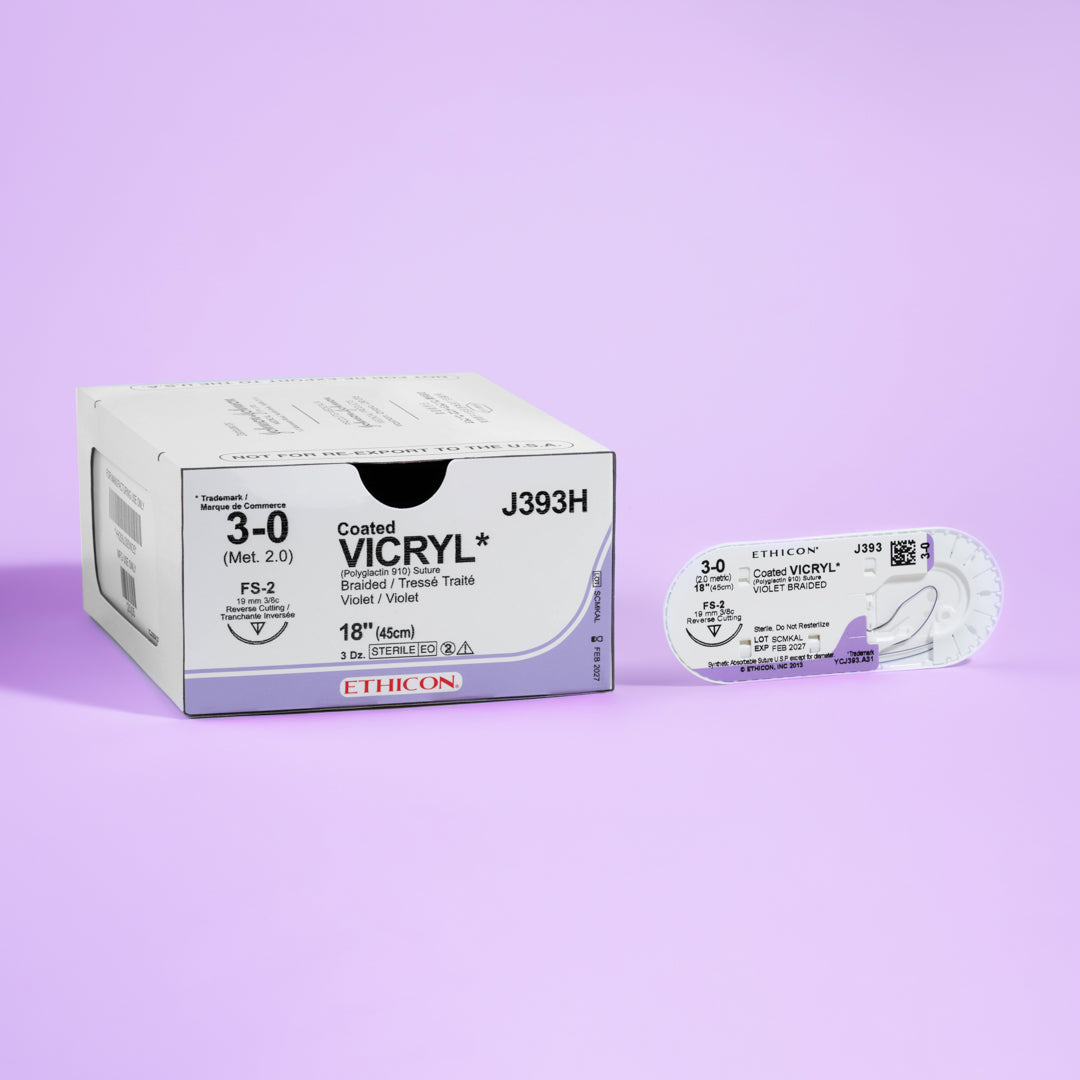 COATED VICRYL® 4-0 Violet Sutures, model J392H, featuring medium-gauge, violet-colored threads linked to a 19mm FS-2 reverse cutting needle. Designed for a wide range of surgical applications needing precise tissue approximation and minimal scarring, this package of 36 sutures meets the high demands of healthcare professionals