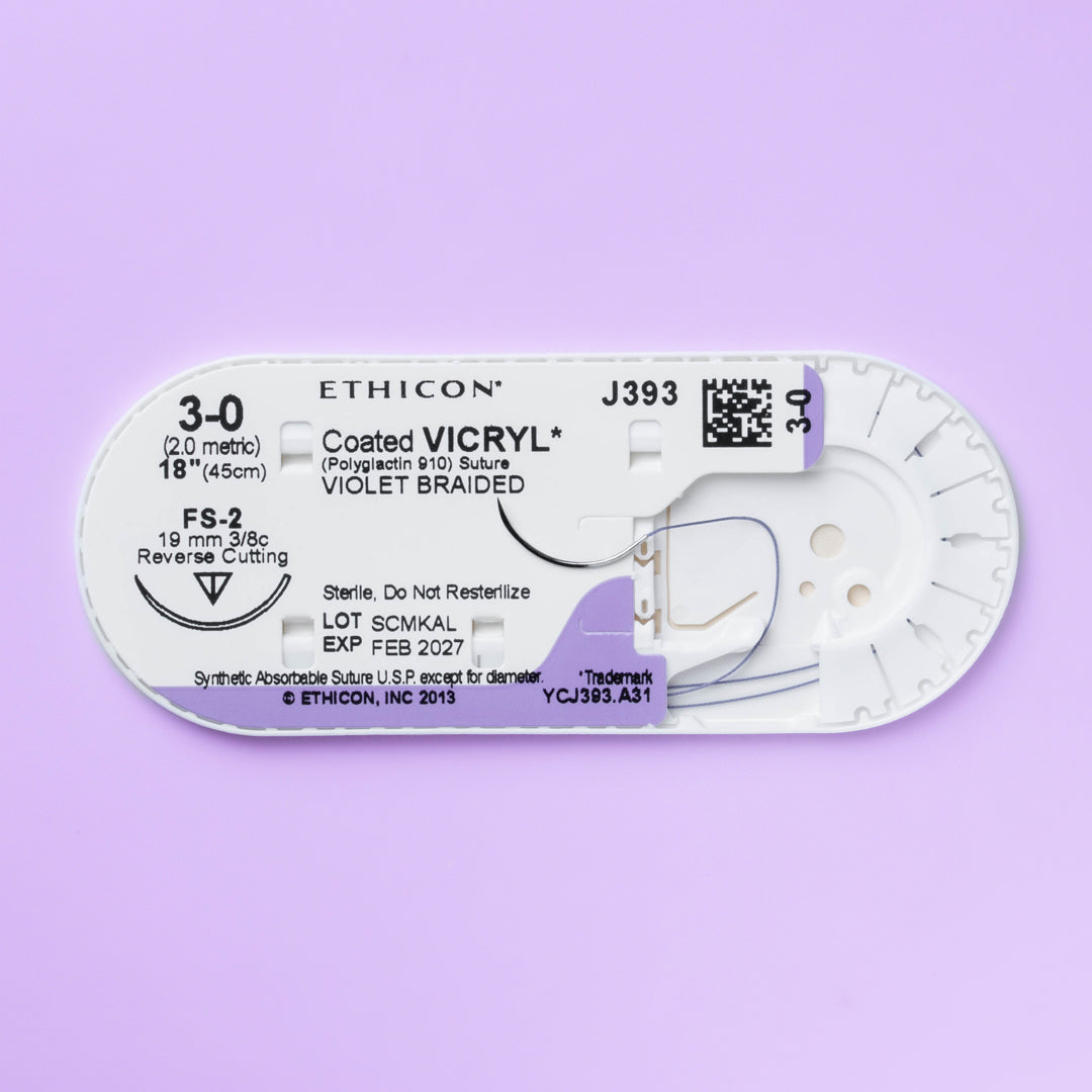 COATED VICRYL® 4-0 Violet Sutures, model J392H, featuring medium-gauge, violet-colored threads linked to a 19mm FS-2 reverse cutting needle. Designed for a wide range of surgical applications needing precise tissue approximation and minimal scarring, this package of 36 sutures meets the high demands of healthcare professionals