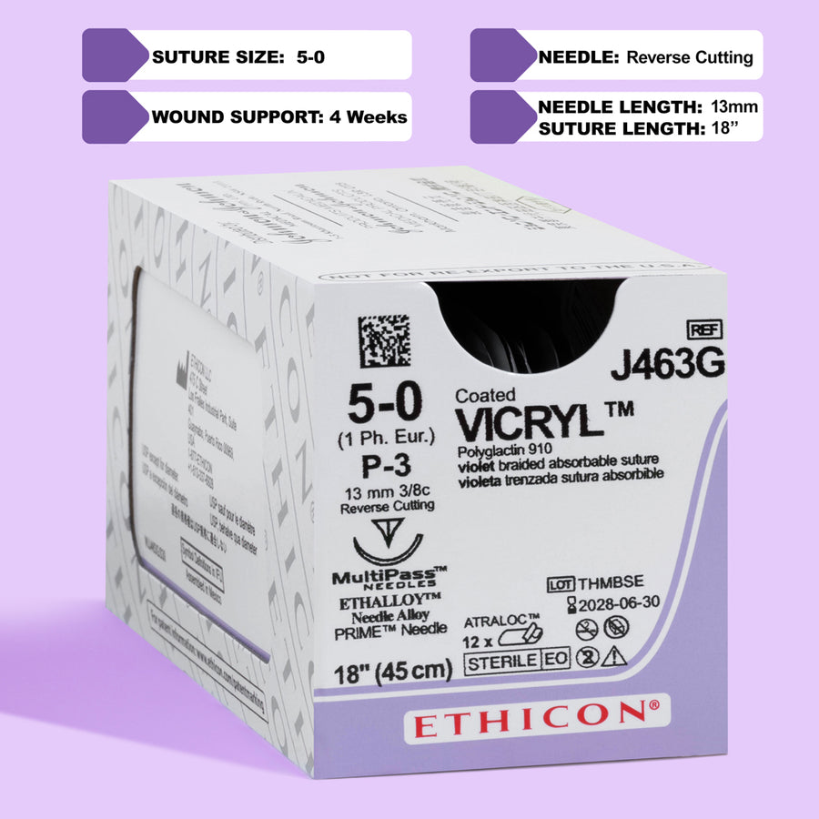Fil de suture Vicryl Plus violet 5-0, aiguille P-3 de 45 cm | VCP463G
