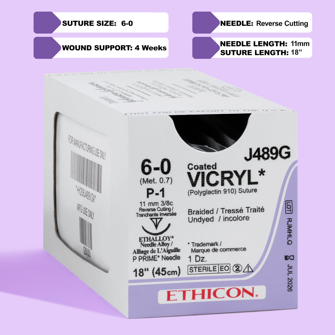 Box of COATED VICRYL® 6-0 Undyed Sutures, model J489G, featuring fine sutures with an 11mm P-1 prime reverse cutting needle, tailored for precision in delicate surgical contexts. The packaging highlights the absorbable nature and surgical versatility of these sutures, ideal for enhancing patient outcomes.