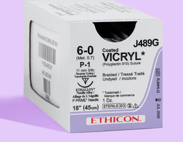 6-0 Vicryl Undyed Suture, 18" P-1 Needle | J489G — box