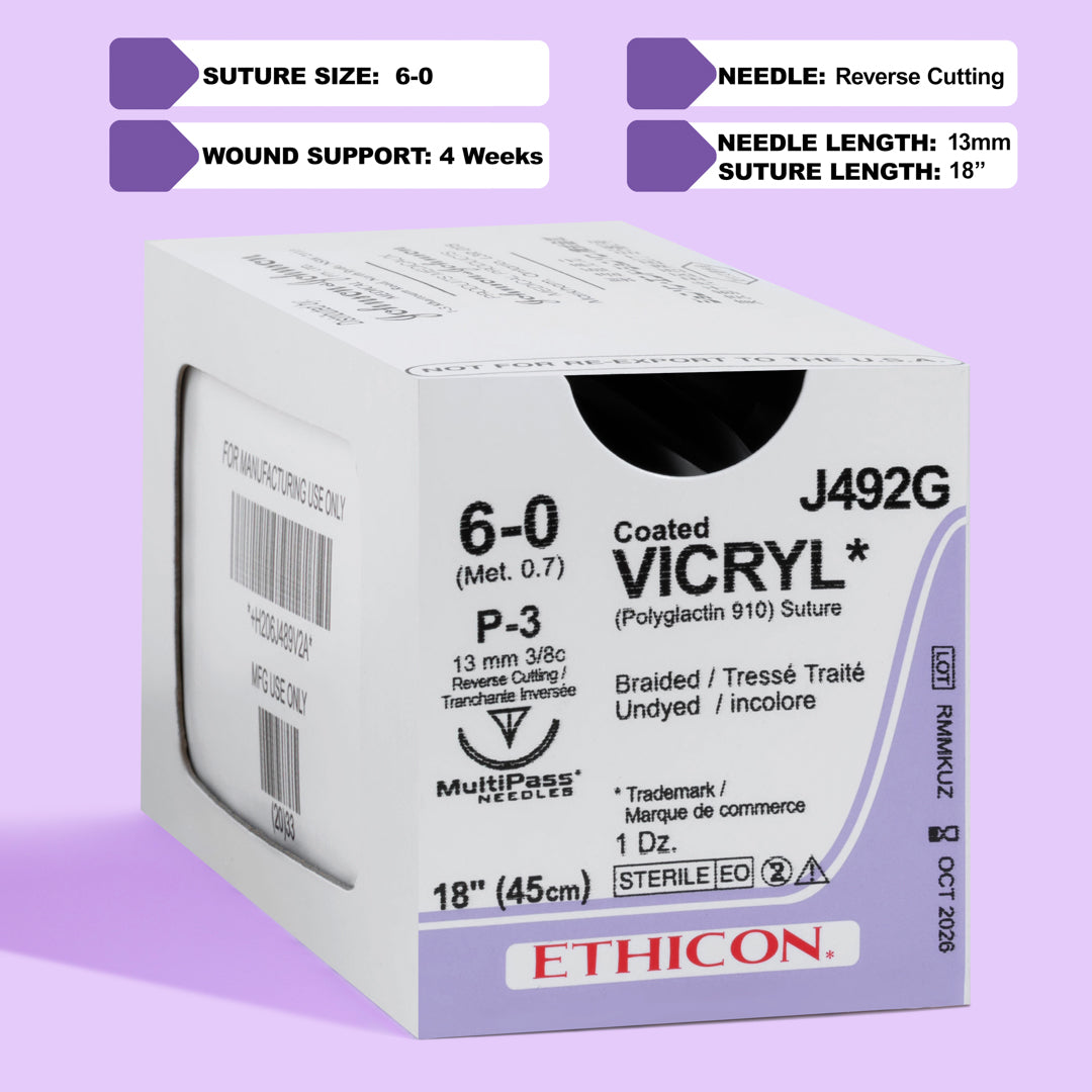 Box of COATED VICRYL® 6-0 Undyed Sutures, model J492G, showcasing fine sutures with a 13mm P-3 prime reverse cutting needle, optimized for precision in delicate surgical procedures. The packaging emphasizes the suture's absorbable qualities and its role in promoting seamless healing and patient comfort.
