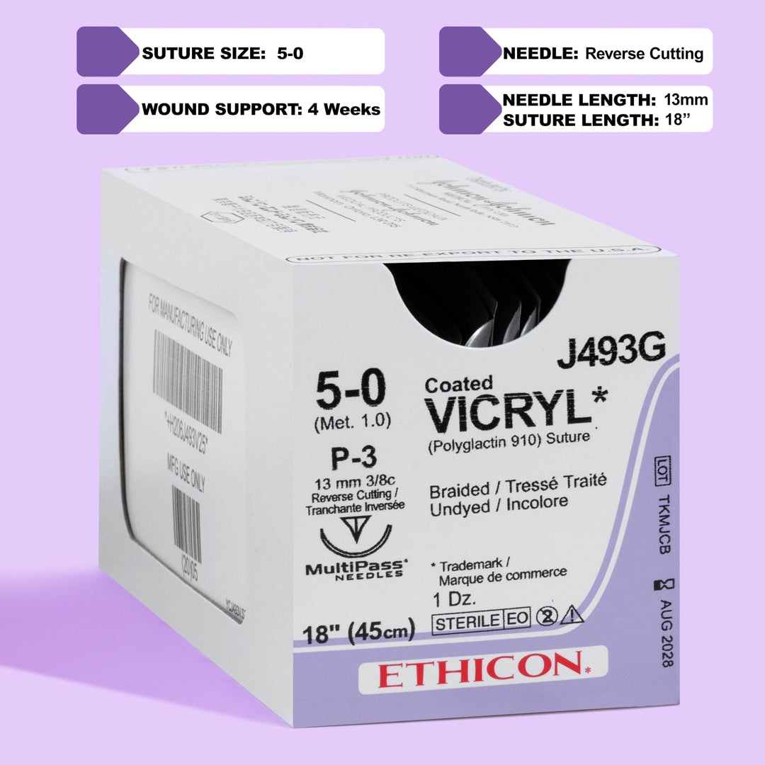 Close-up of COATED VICRYL® 5-0 Undyed Sutures, model J493G, featuring sutures with a 13mm P-3 prime reverse cutting needle. The packaging highlights the suture's advanced design for delicate surgical applications, emphasizing its absorbable nature and commitment to promoting effective and comfortable patient recovery.