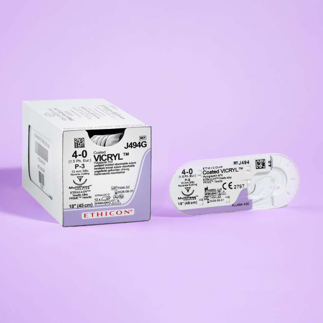 Image of COATED VICRYL® 4-0 Undyed Sutures, model J494G, displaying the sutures equipped with a 13mm P-3 prime reverse cutting needle. The visual emphasizes the suture's role in precise surgical procedures, highlighting its absorbable nature and engineered design for enhanced patient recovery and surgical success.