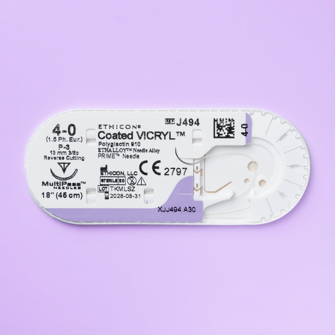 Image of COATED VICRYL® 4-0 Undyed Sutures, model J494G, displaying the sutures equipped with a 13mm P-3 prime reverse cutting needle. The visual emphasizes the suture's role in precise surgical procedures, highlighting its absorbable nature and engineered design for enhanced patient recovery and surgical success.