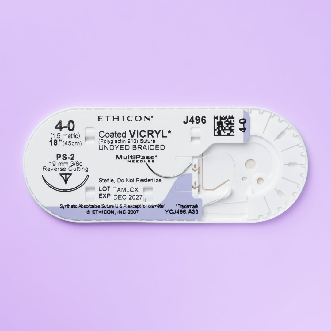 A bundle of 4-0 COATED VICRYL® undyed sutures, model J496G, with each thread meticulously attached to a 19mm PS-2 reverse cutting needle, packaged to uphold the highest standards of surgical care.