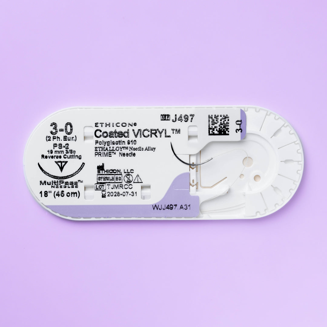 Pack of 3-0 COATED VICRYL® sutures, model J497G, featuring undyed threads attached to a 19mm PS-2 reverse cutting needle, prepared for high-precision surgical applications and designed for exceptional patient care.