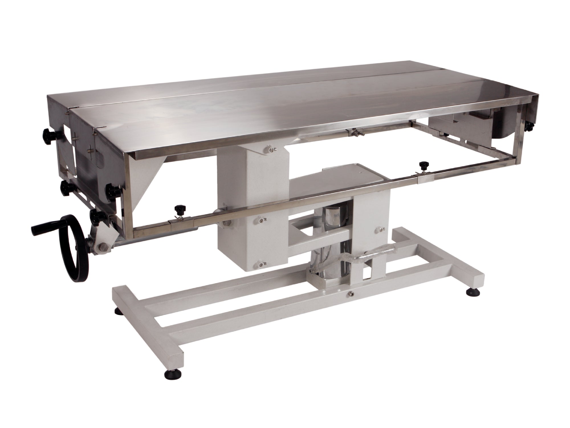 High-quality stainless steel veterinary surgery table with advanced features, including an adjustable lift system, fluid management, and durable construction.