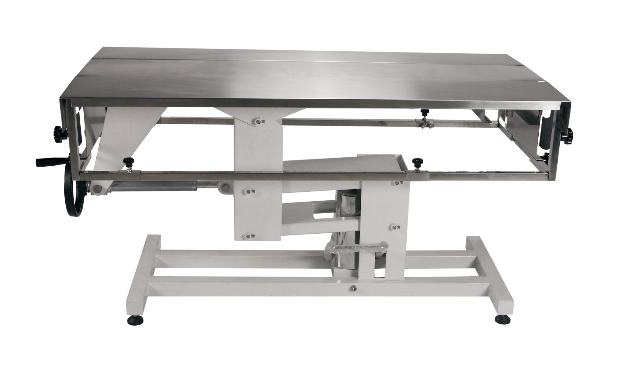 High-quality stainless steel veterinary surgery table with advanced features, including an adjustable lift system, fluid management, and durable construction.