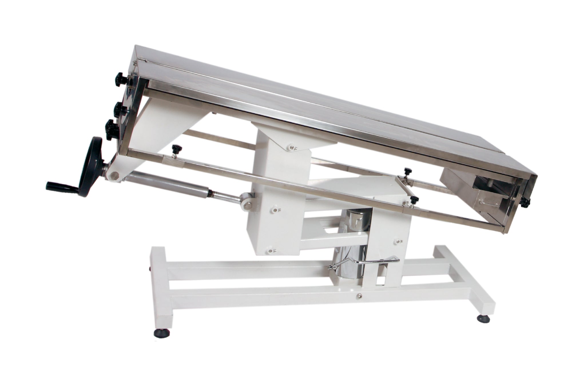 High-quality stainless steel veterinary surgery table with advanced features, including an adjustable lift system, fluid management, and durable construction.