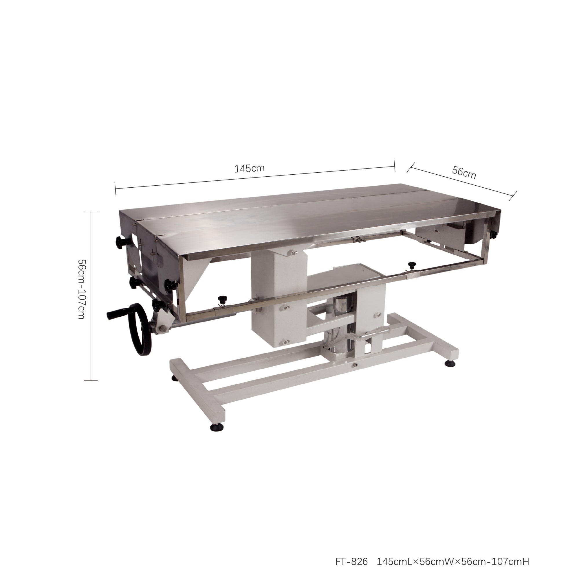 High-quality stainless steel veterinary surgery table with advanced features, including an adjustable lift system, fluid management, and durable construction.