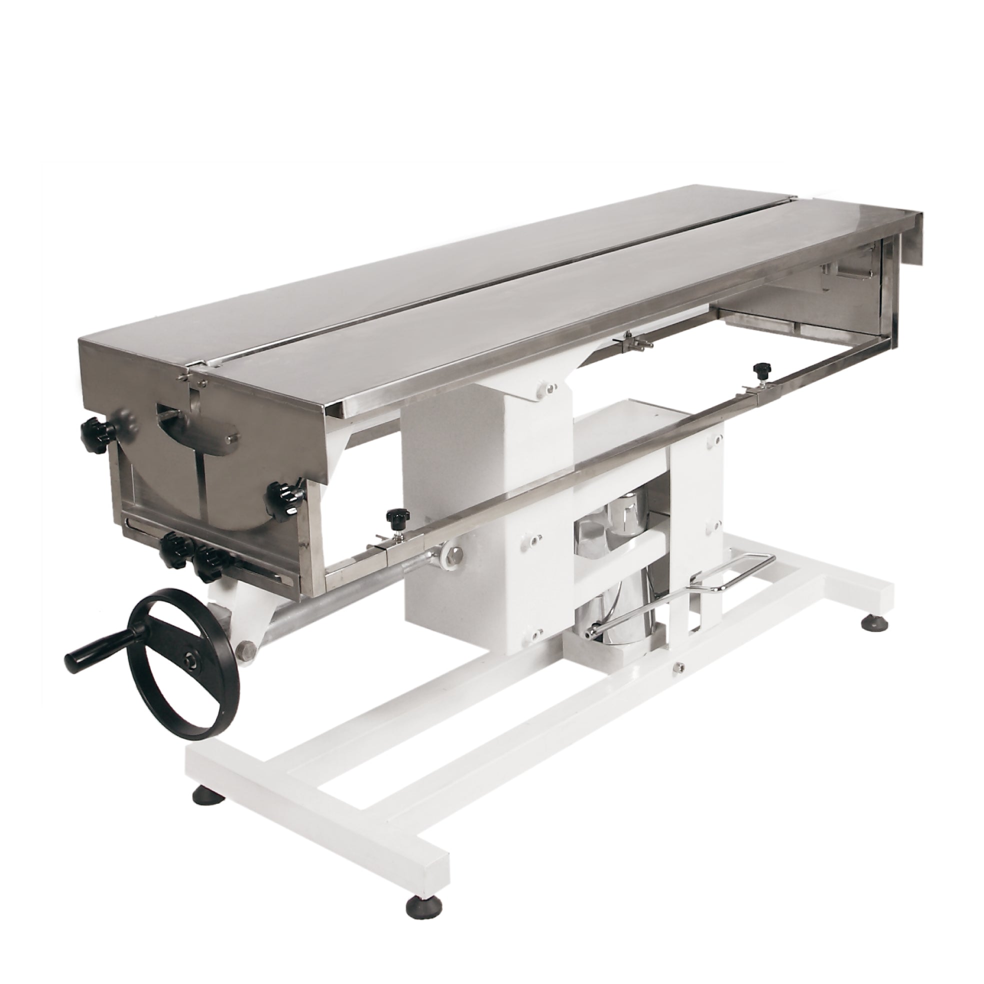 High-quality stainless steel veterinary surgery table with advanced features, including an adjustable lift system, fluid management, and durable construction.