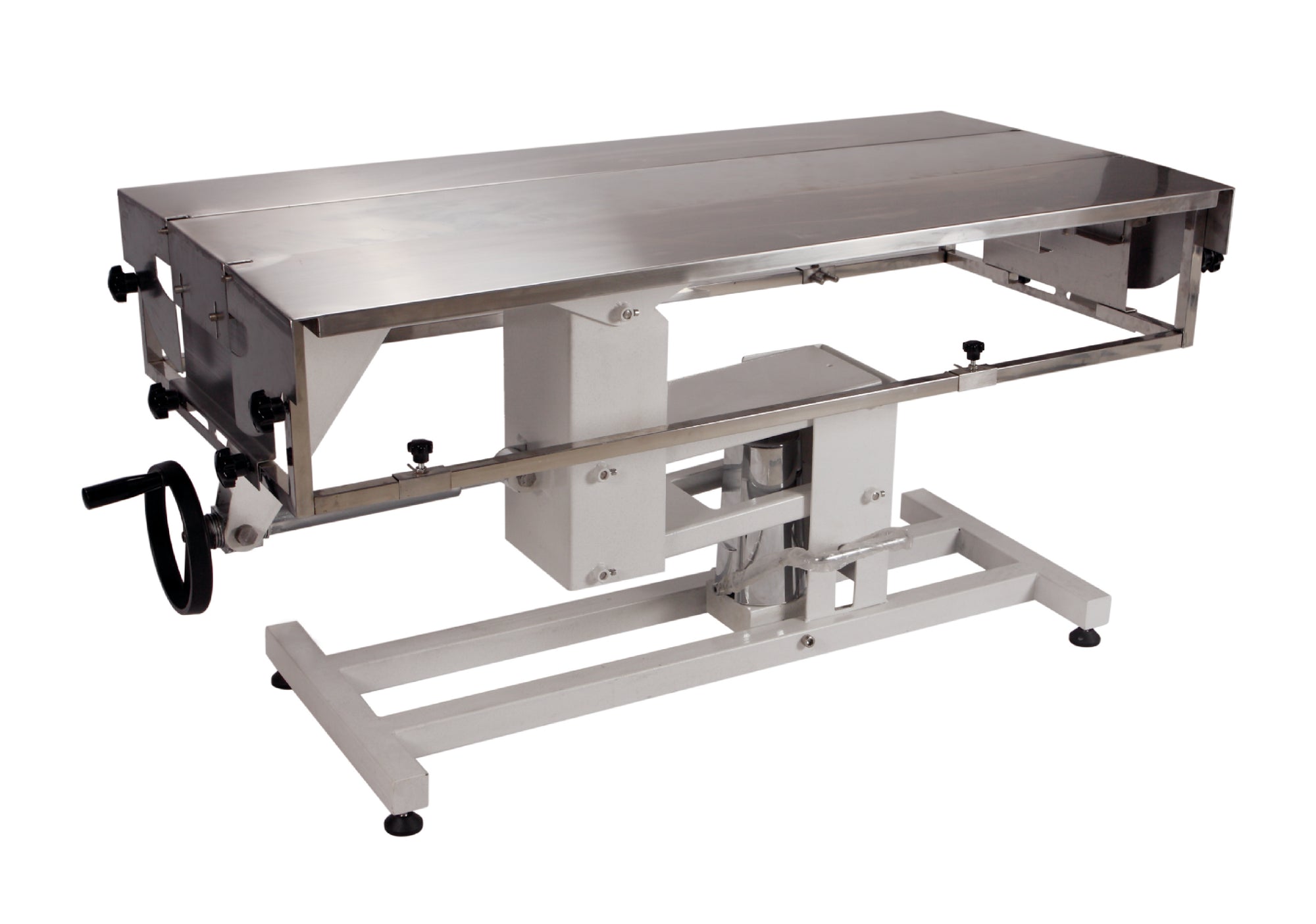 High-quality stainless steel veterinary surgery table with advanced features, including an adjustable lift system, fluid management, and durable construction.