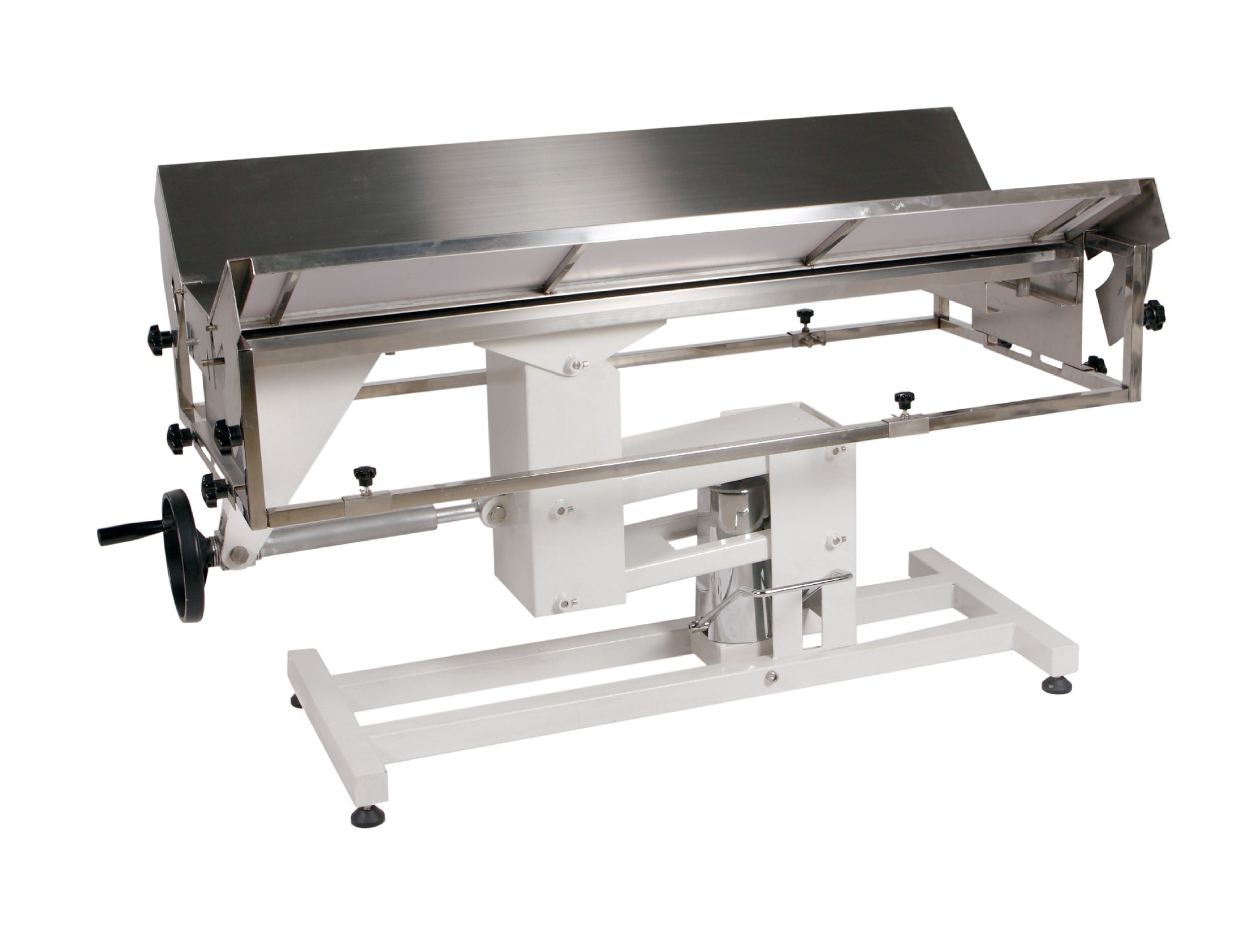 High-quality stainless steel veterinary surgery table with advanced features, including an adjustable lift system, fluid management, and durable construction.