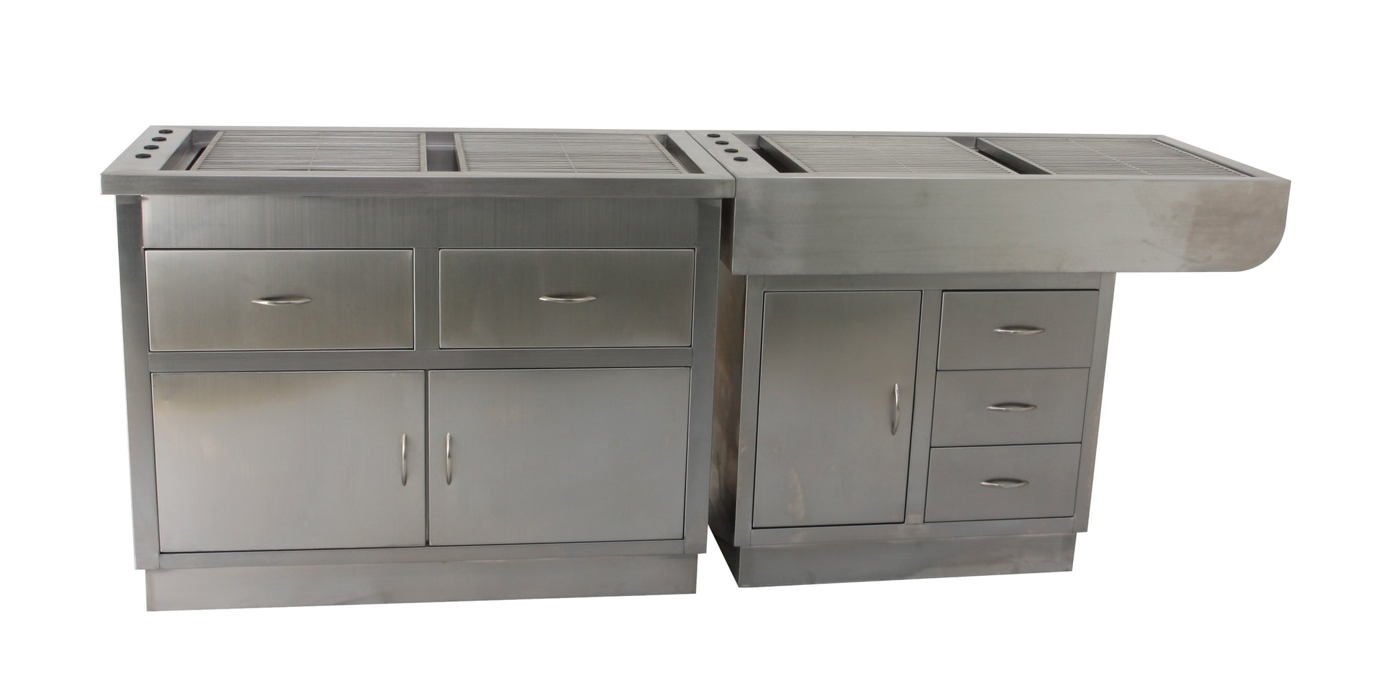 Durable stainless steel dental prep table with sloped basin, integrated storage, and customizable configurations for optimized workspace efficiency.