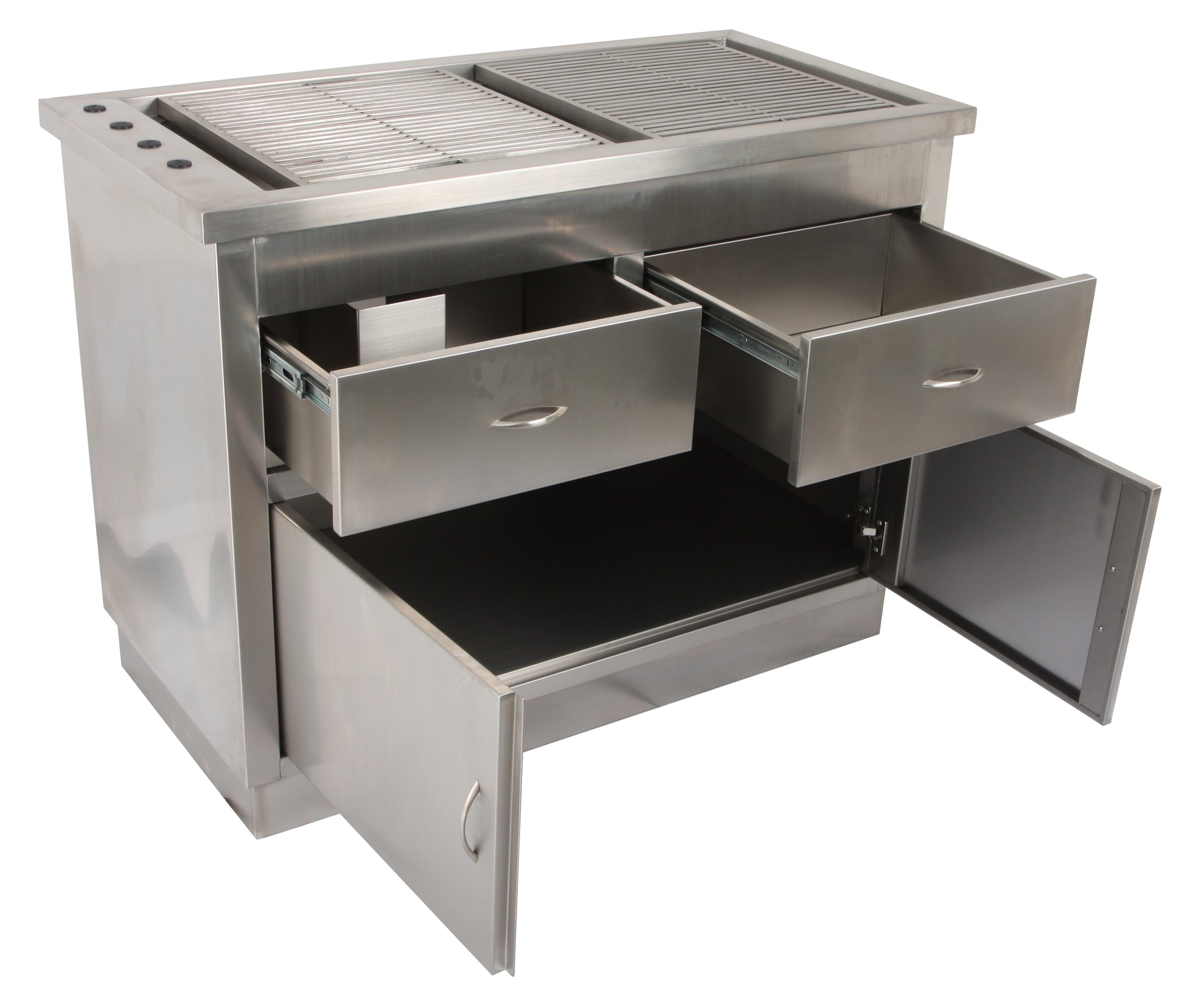 Stainless steel dental prep table with sloped basin, integrated drainage, storage drawers and cabinets, and optional faucet for enhanced utility.