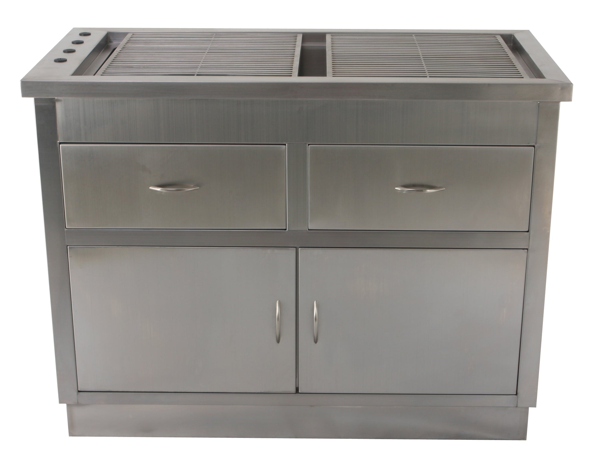 Durable stainless steel dental prep table with sloped basin, integrated storage, and customizable configurations for optimized workspace efficiency.