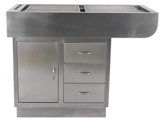 Table de préparation dentaire avec bac en inox et placards (à droite)