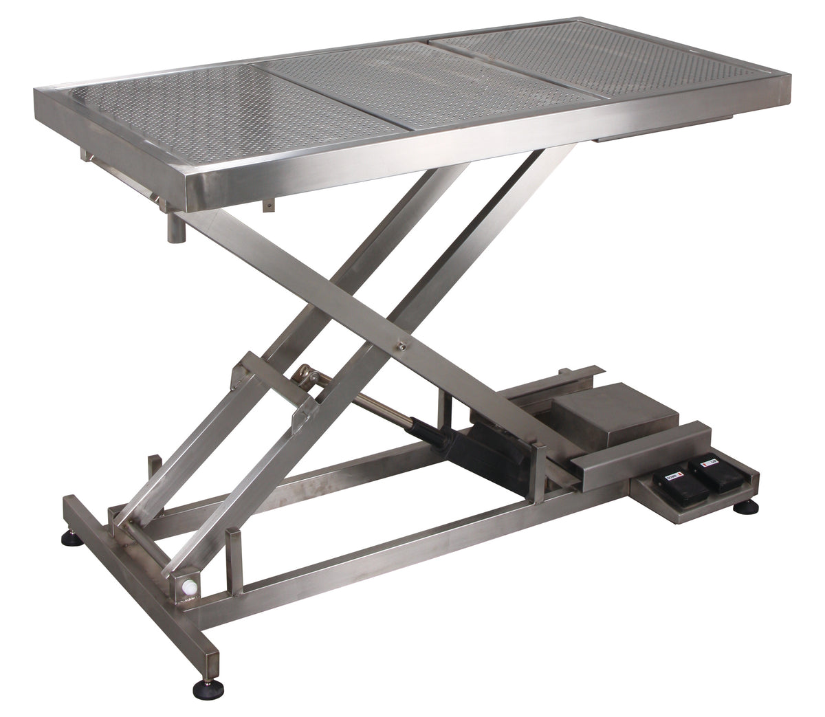 Low-height scissor-lift operation table with a stainless steel drain trough for veterinary surgery.