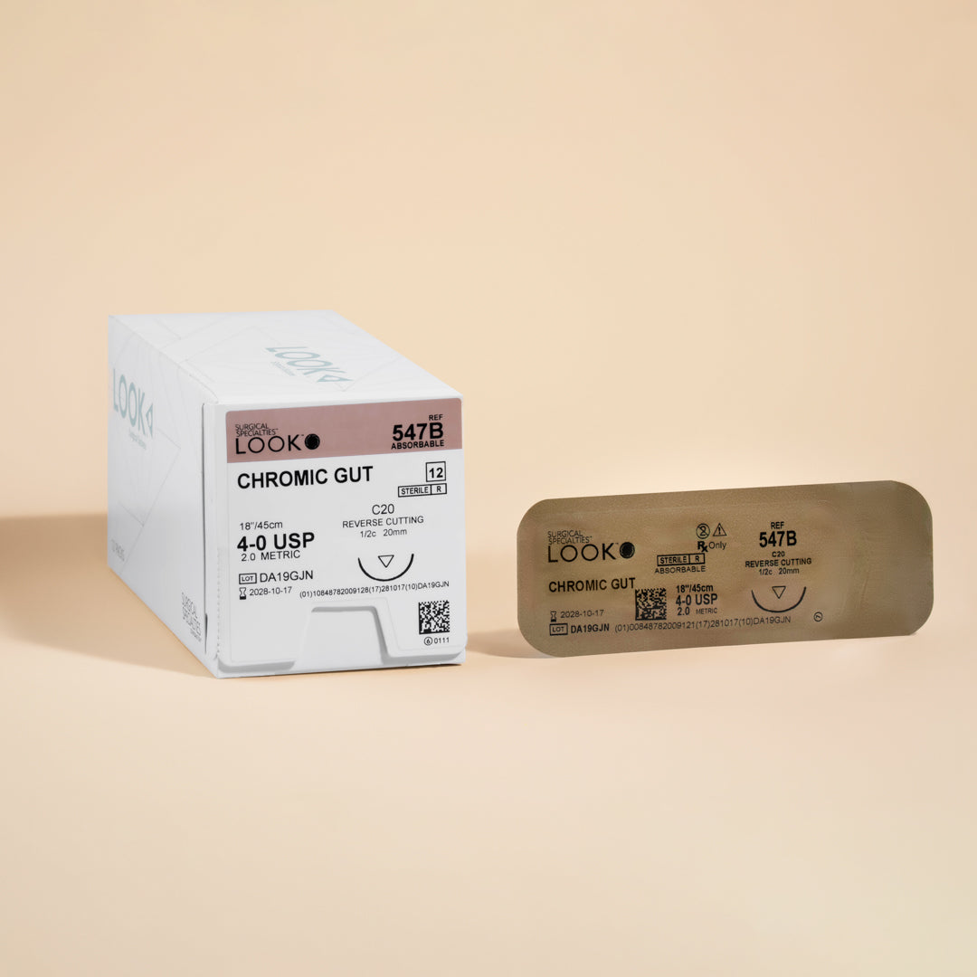 Box of 4-0 Chromic Gut sutures with a C-20 reverse cutting needle, model 547B, emphasizing the 2-week wound support duration and featuring a QR code for easy reference. The packaging highlights its sterility and absorbable nature tailored for effective wound management.